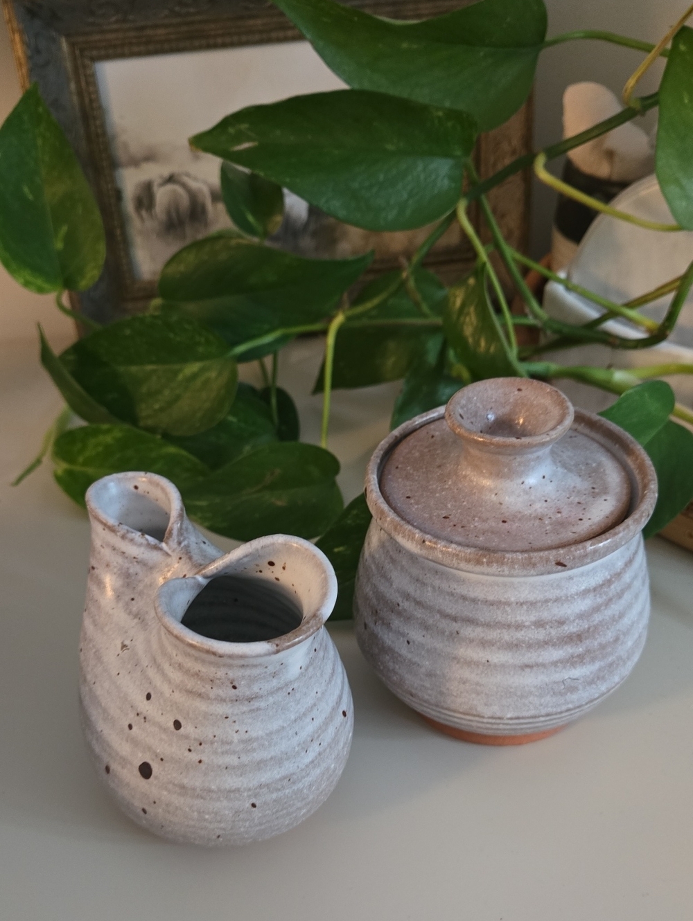 Handmade Speckled Pottery White Ceramic Creamer and Sugar Jar Set